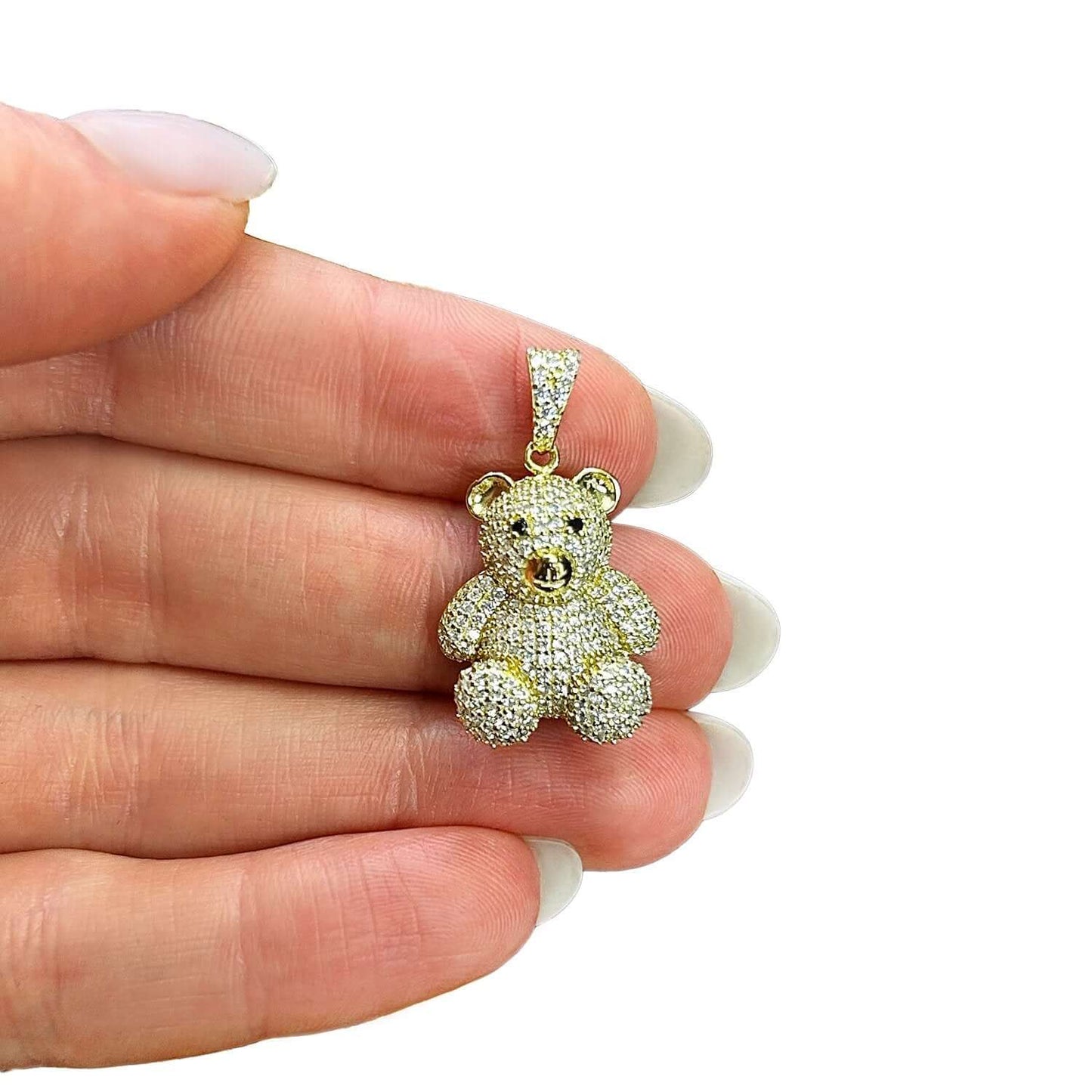 Gold Over Sterling Silver CZ Pave Puffed Teddy Bear Pendant 1.1"