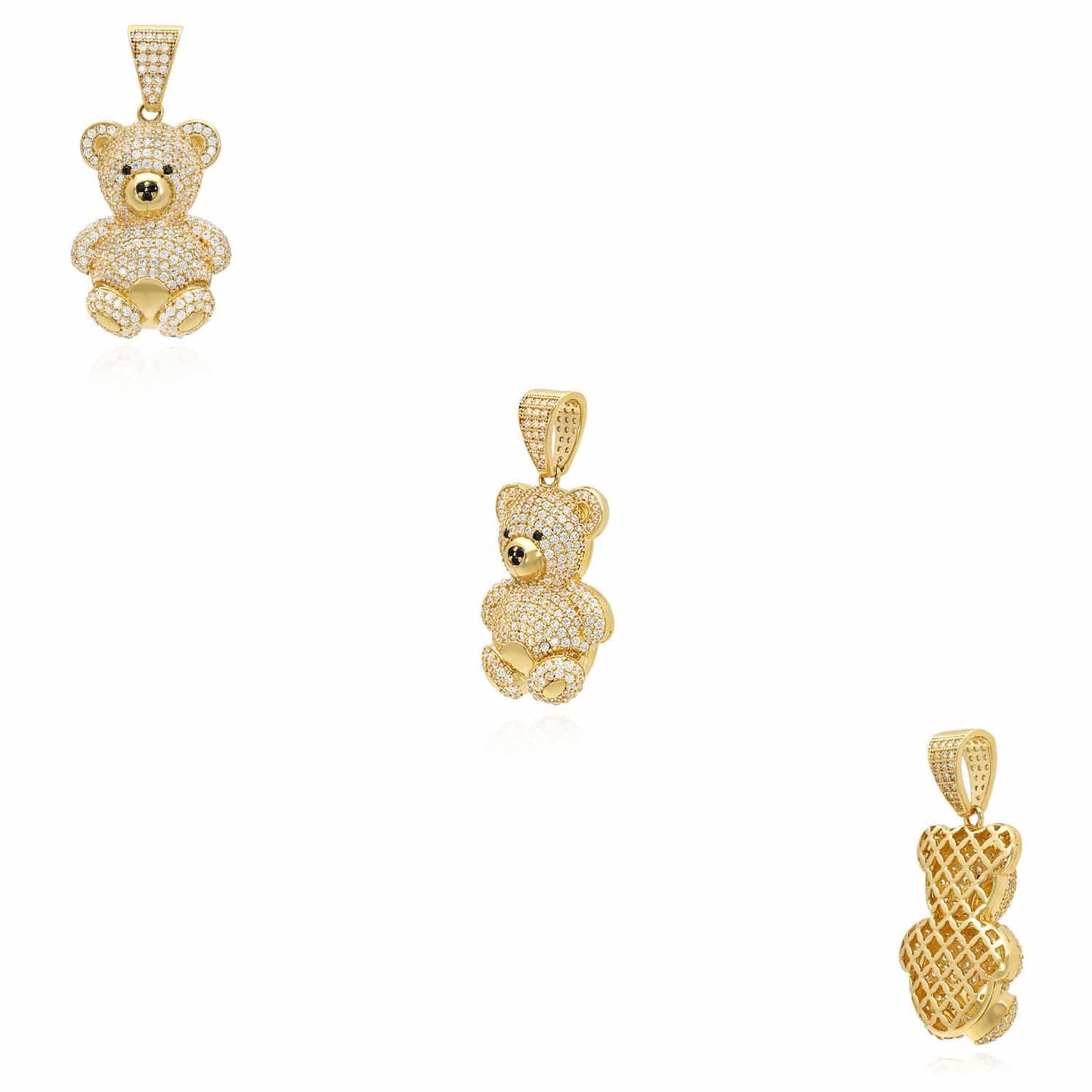 14K Yellow Gold CZ Pave Puffed Teddy Bear Pendant 1.3"-1.5"