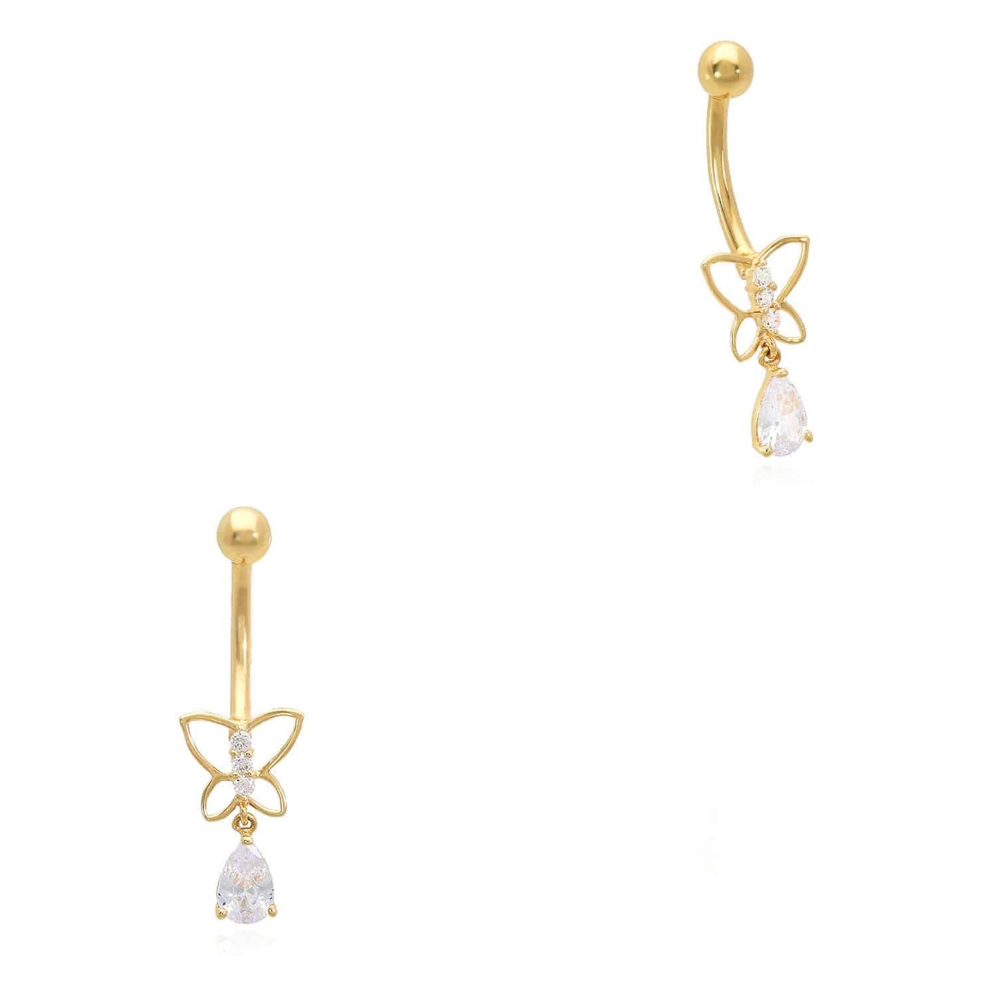 Real 14K Gold CZ Open Butterfly Belly Button Ring