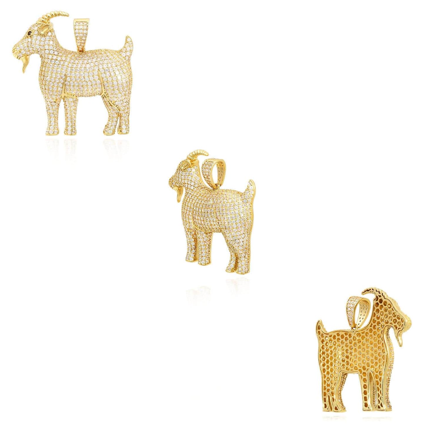 14K Yellow Gold CZ Pave Greatest of All Time Goat Pendant 1.6"