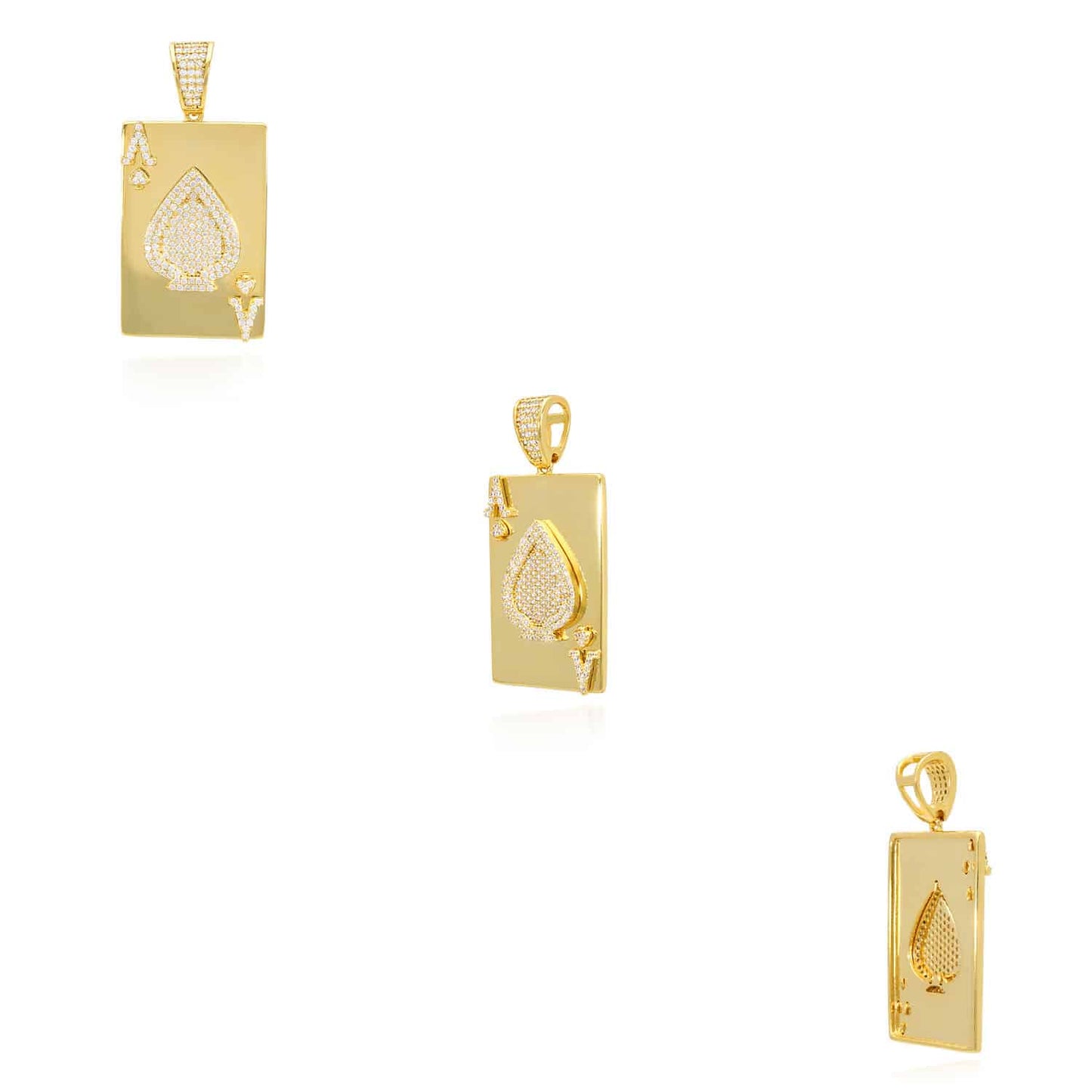 Gold Over Sterling Silver CZ Ace Of Spade Poker Card Pendant 1.7"