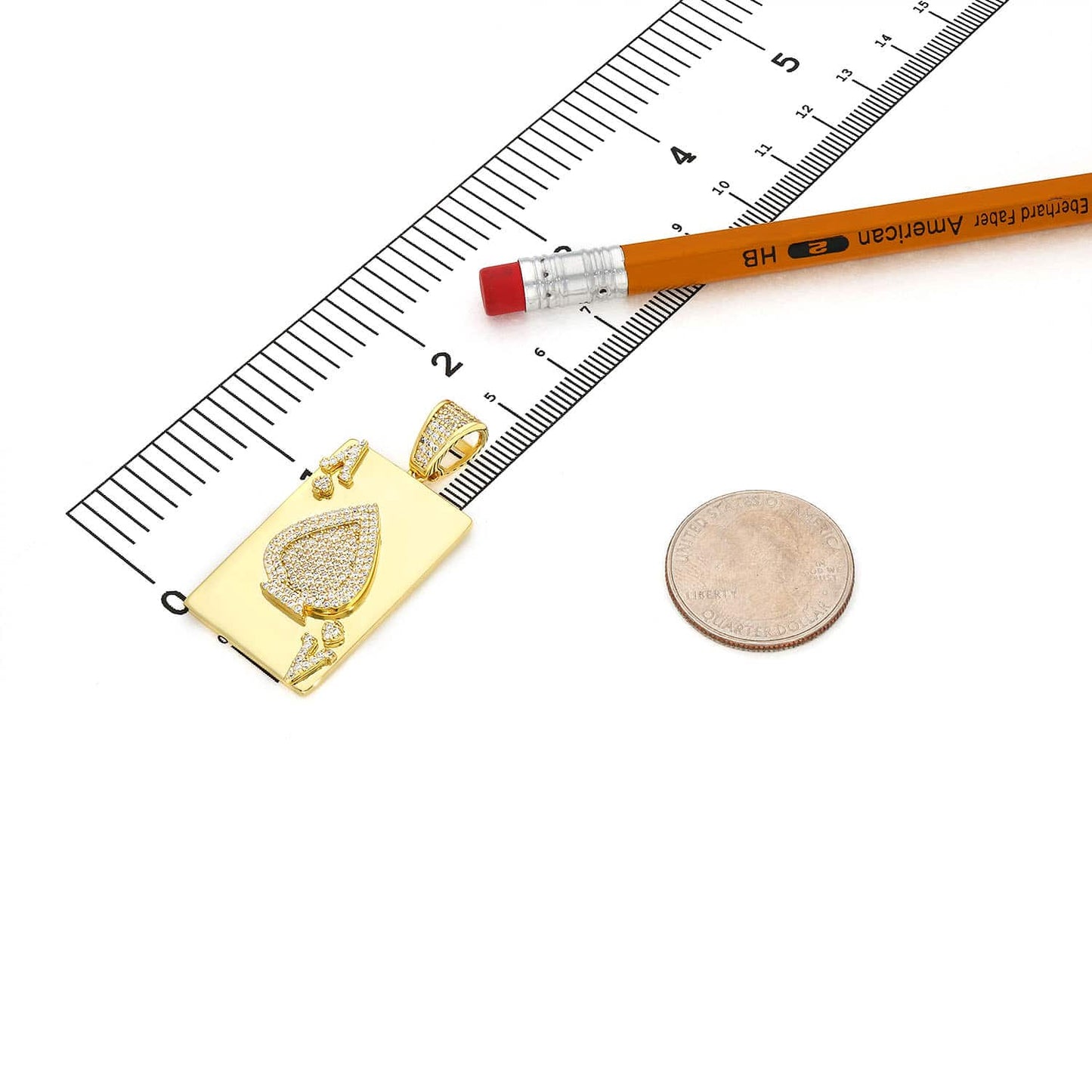 Gold Over Sterling Silver CZ Ace Of Spade Poker Card Pendant 1.7"