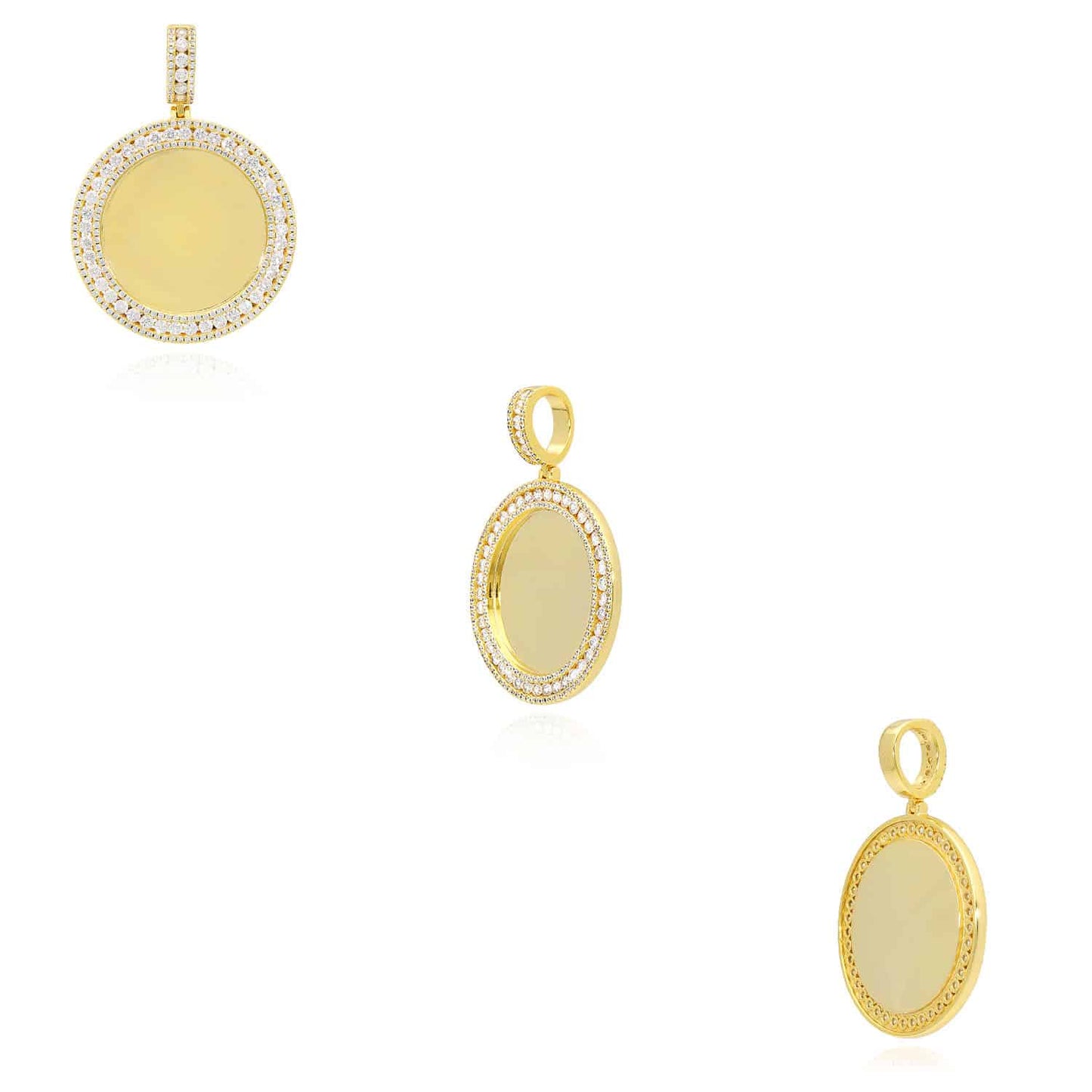 18K Gold Over Silver CZ Frame Round Picture Memory Medallion 2.1"