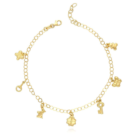 18K Yellow Gold Over Silver 3.5mm Lucky Charms Bracelet Anklet (Solid Links) 9"-10" Adjustable