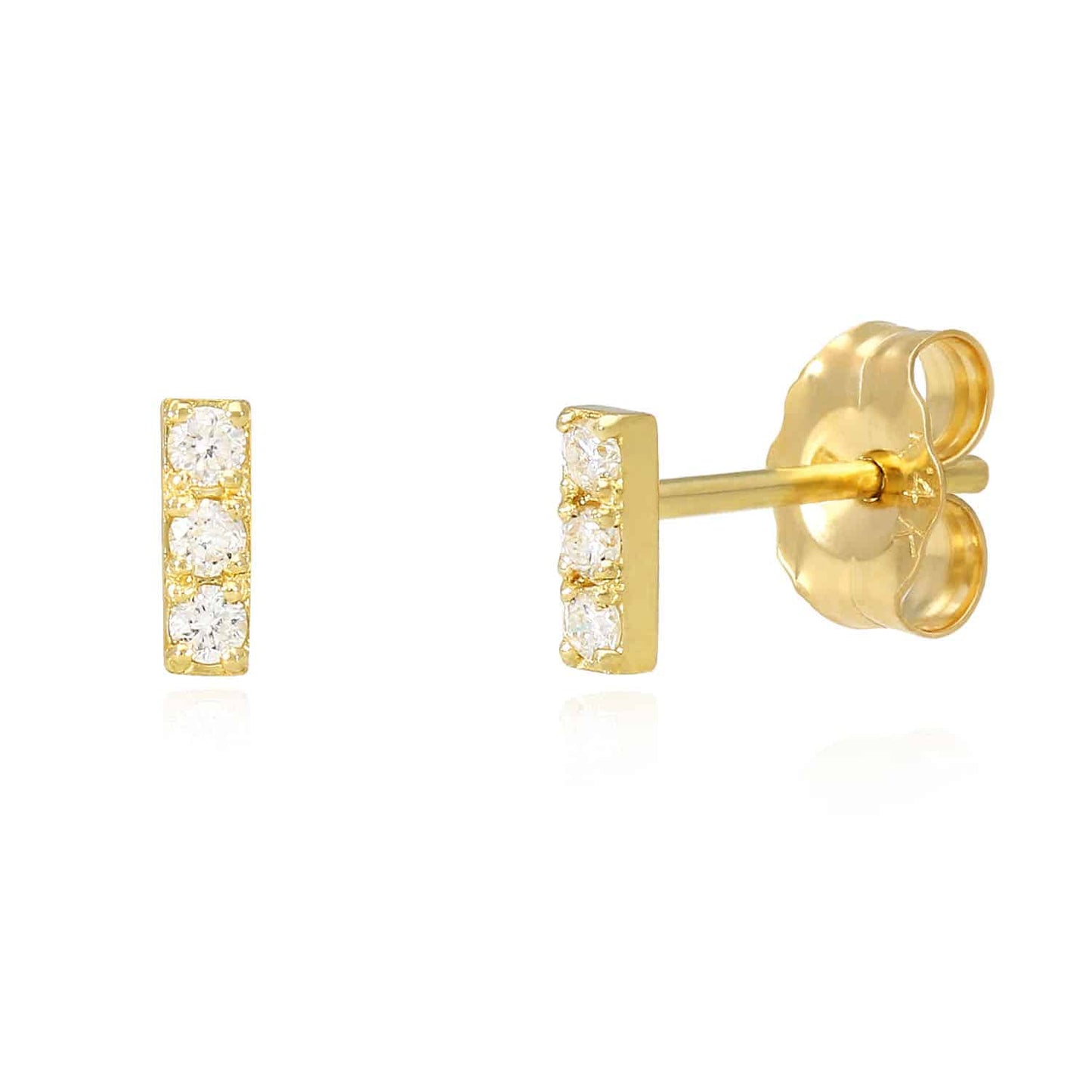 0.08CTW Real Diamond 14K Gold Mini 3-Stone Bar Stud Earrings 5mm