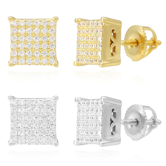18K Gold Over Silver CZ 3D Square Stud Earrings 8mm