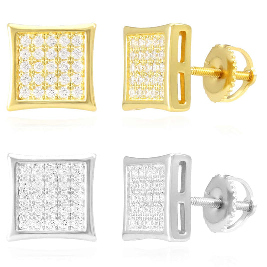 18K Gold Over Sterling Silver CZ Pave Square Stud Earrings 9mm