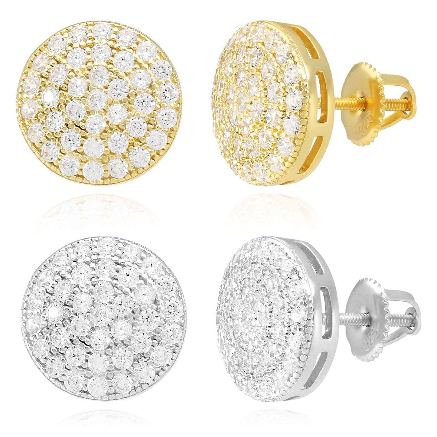 Sterling Silver CZ Pave Round Screw Back Stud Earrings 12mm