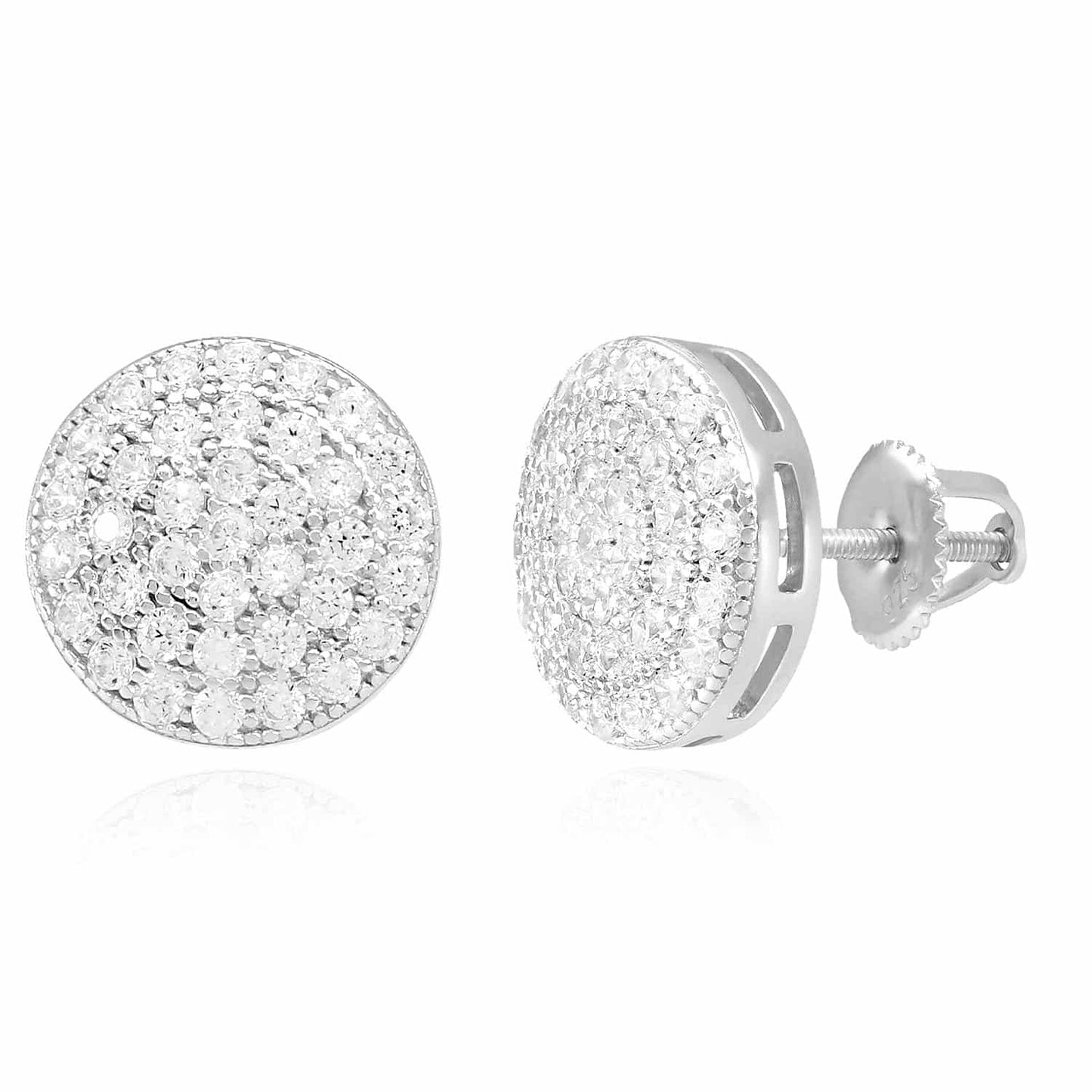 Sterling Silver CZ Pave Round Screw Back Stud Earrings 12mm