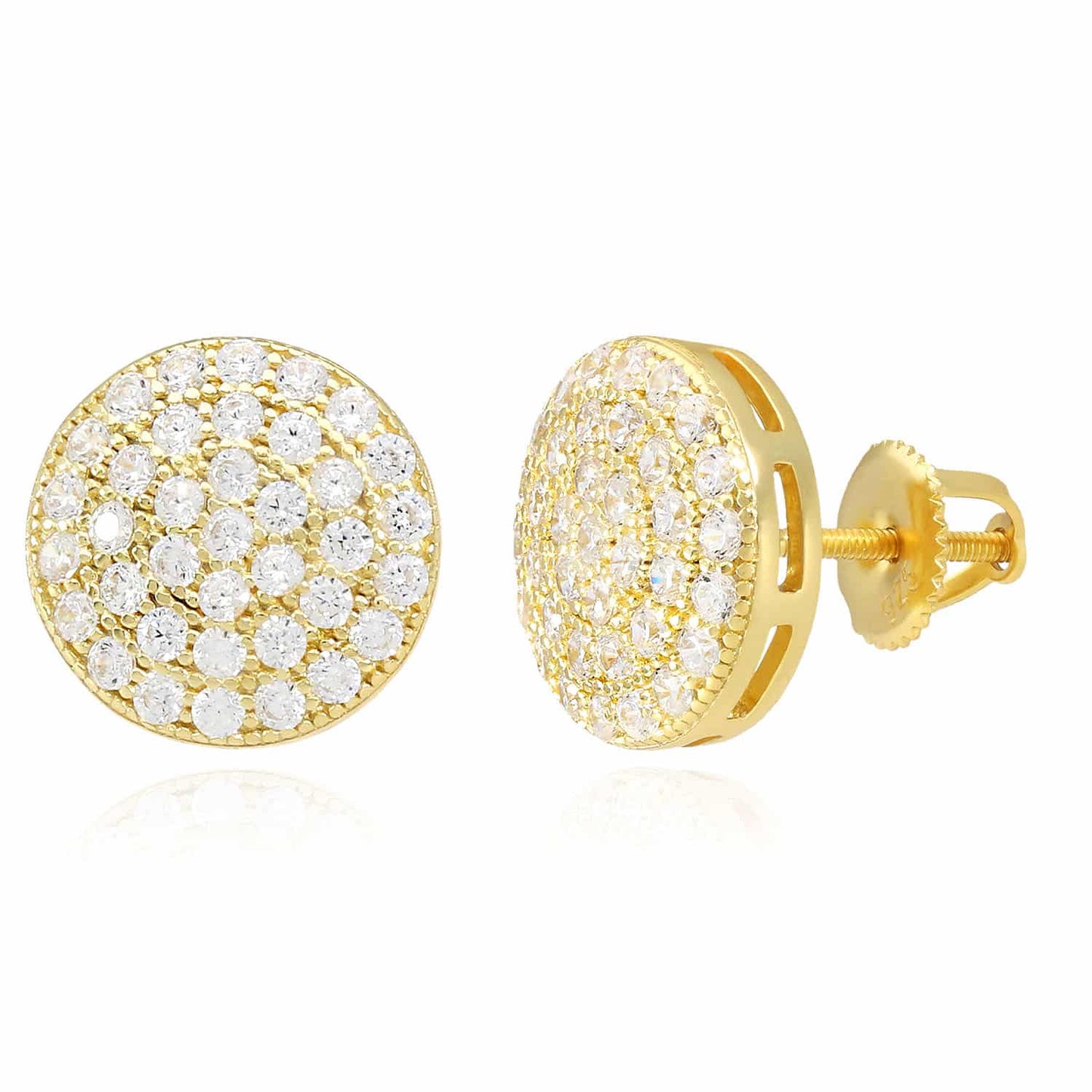 Sterling Silver CZ Pave Round Screw Back Stud Earrings 12mm