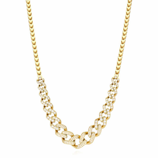 14K Yellow Gold Graduated Franco Miami CZ Necklace (Hollow) 17"-18" Adjustable