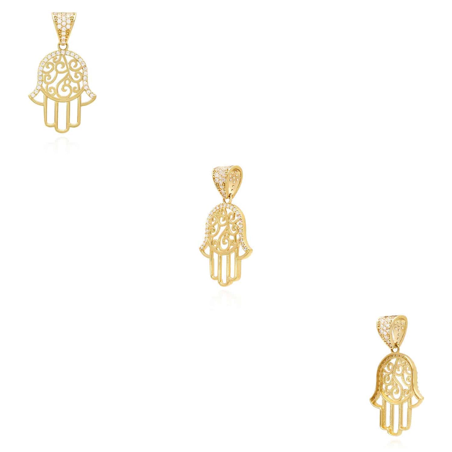 14K Yellow Gold CZ Cut-Out Hamsa Charm Pendant 1.2"