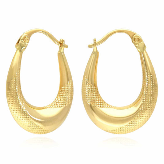 14K Yellow Gold Mesh Diamond-Cut Graduated Oval Hoop Earrings 22mm