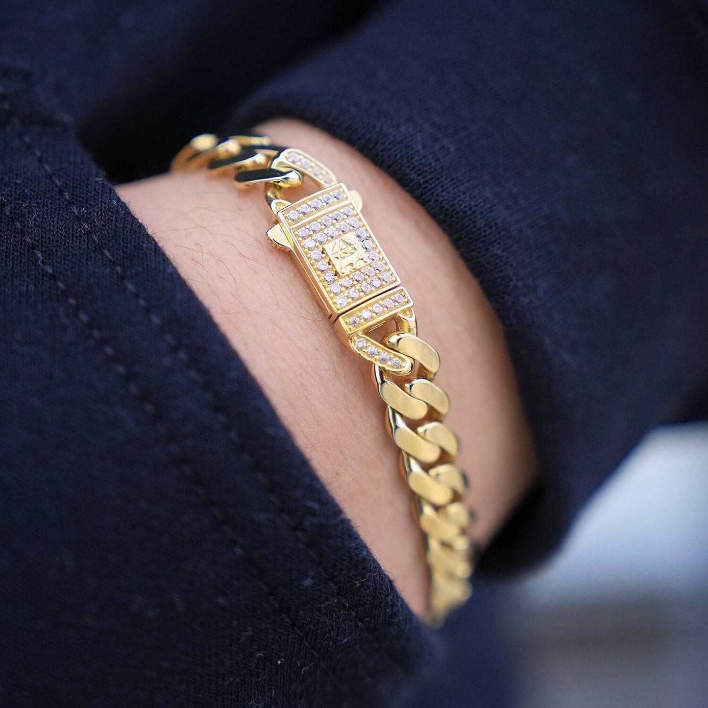 14K Real Gold CZ Pave Box Clasp 7mm Miami Bracelet Anklet 10"