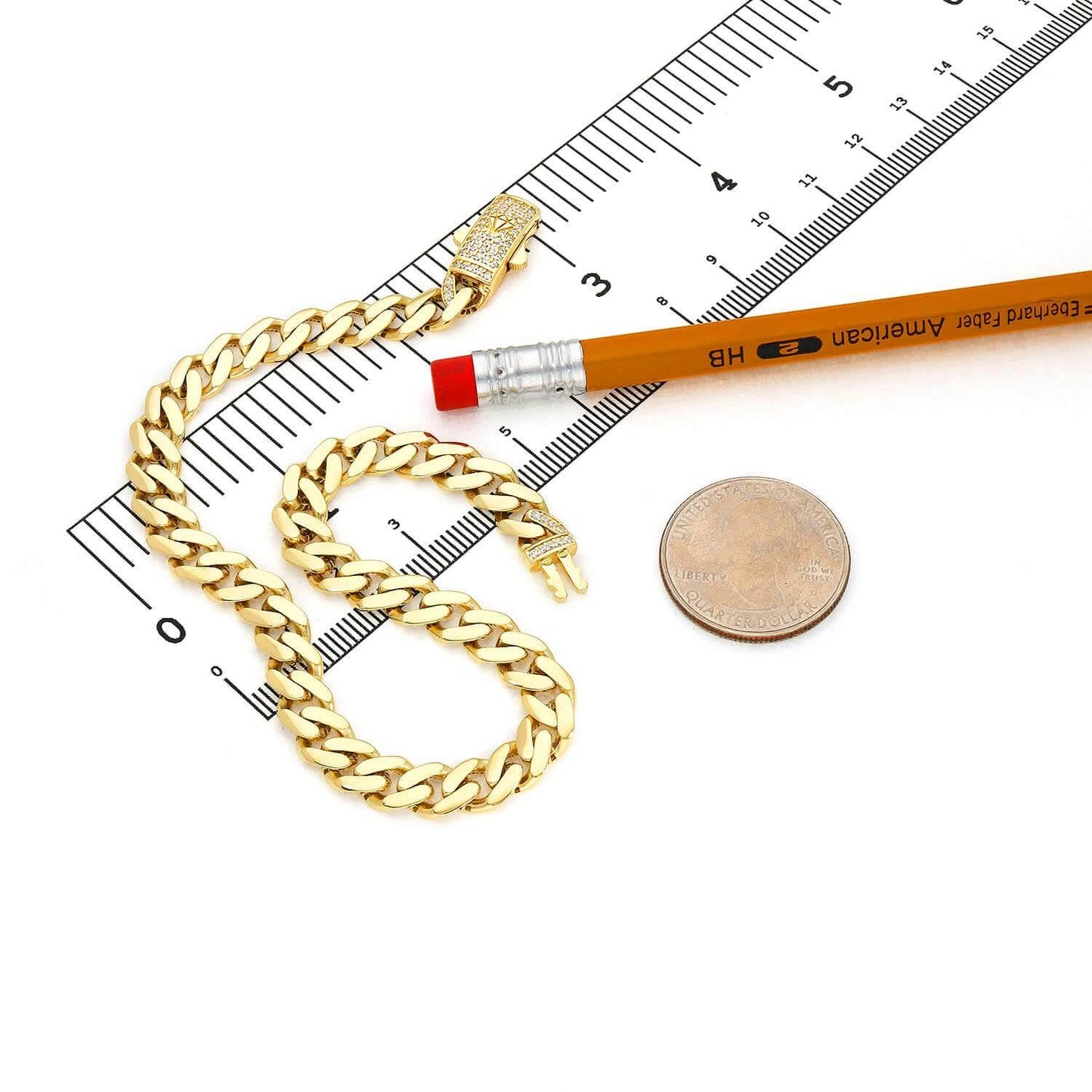 14K Real Gold CZ Pave Box Clasp 7mm Miami Bracelet Anklet 10"
