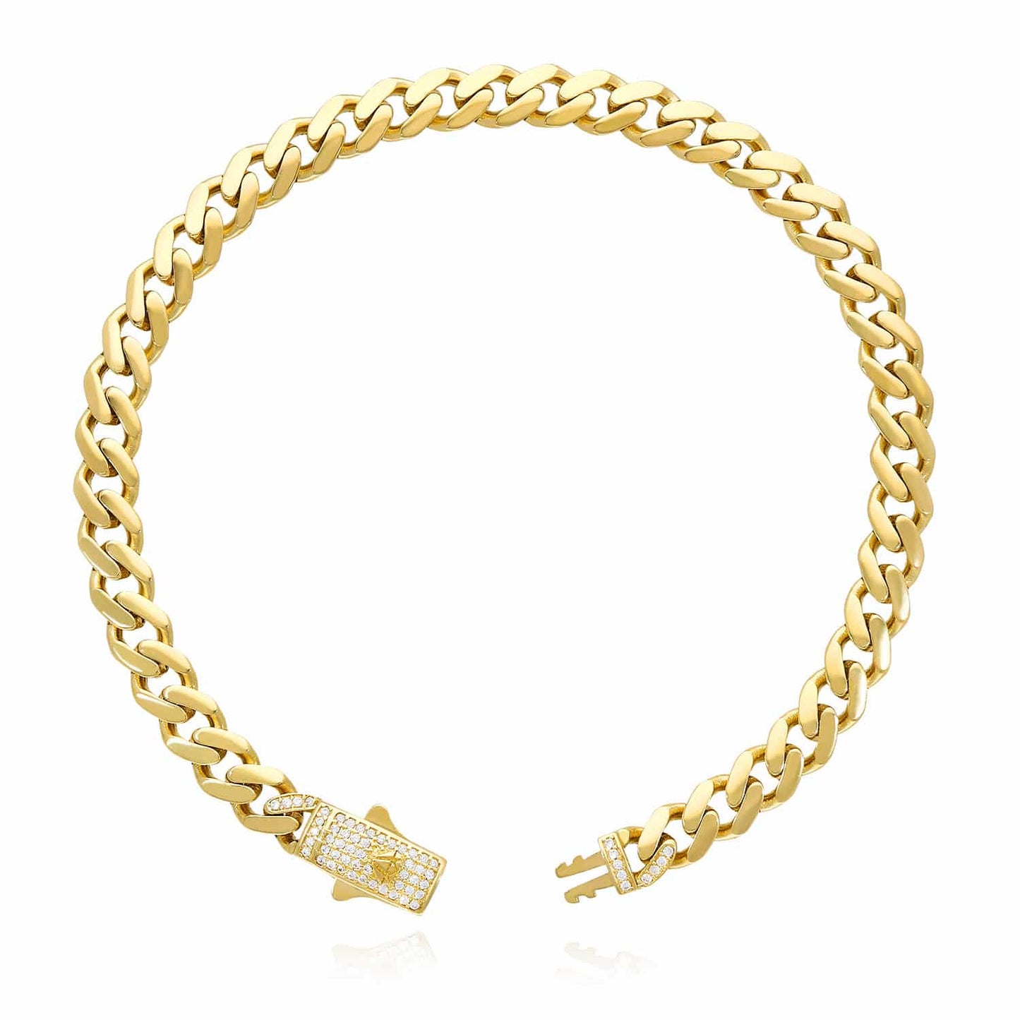 14K Real Gold CZ Pave Box Clasp 7mm Miami Bracelet Anklet 10"