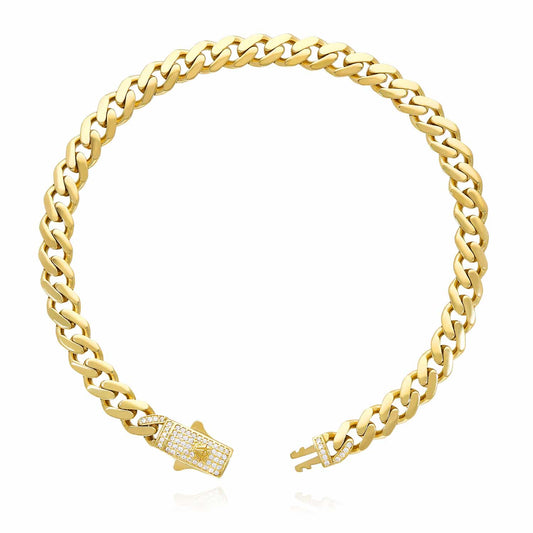 14K Gold CZ Pave Box Clasp 7mm Miami Bracelet Anklet (Hollow) 10"