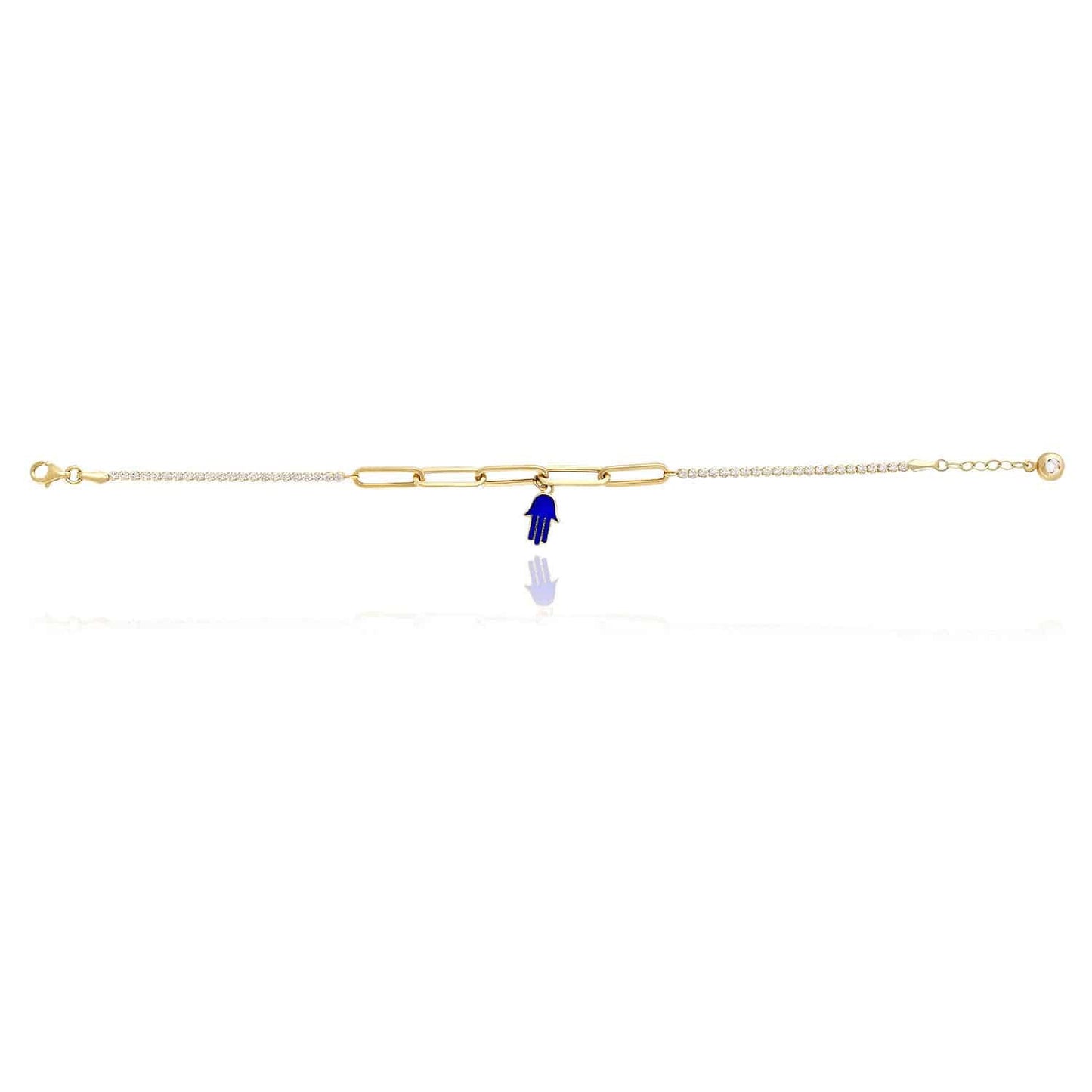 14K Gold Yellow CZ Paperclip Hamsa Charm Tennis Bracelet 7"-7.5"