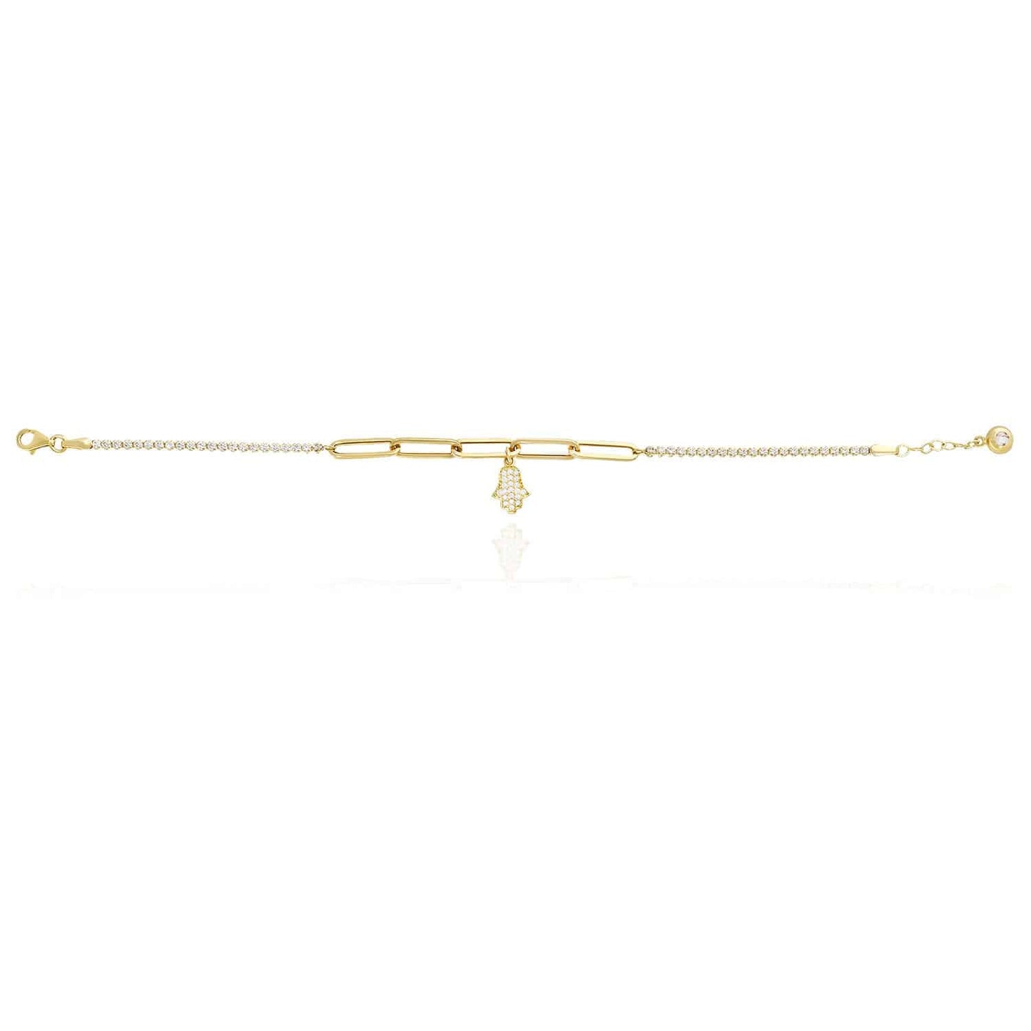14K Gold Yellow CZ Paperclip Hamsa Charm Tennis Bracelet 7"-7.75"