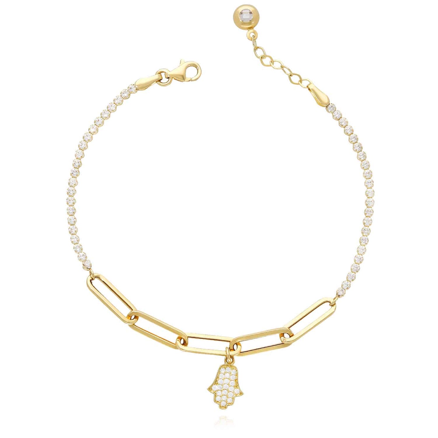 14K Gold Yellow CZ Paperclip Hamsa Charm Tennis Bracelet 7"-7.75"