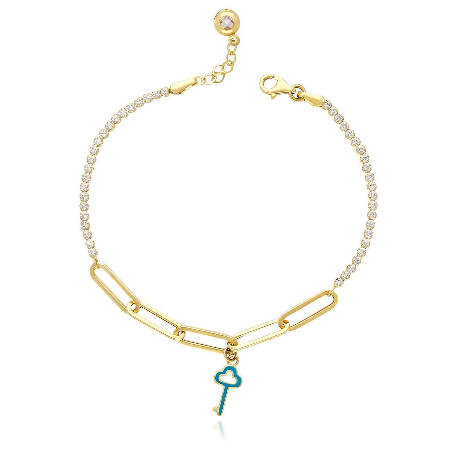 14K Gold Yellow Paperclip Tennis Teal Key Charm Bracelet 7"-7.5"