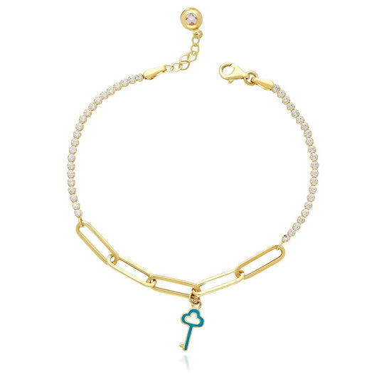 14K Yellow Gold Paperclip Tennis Teal Key Charm Bracelet 7"-7.5"