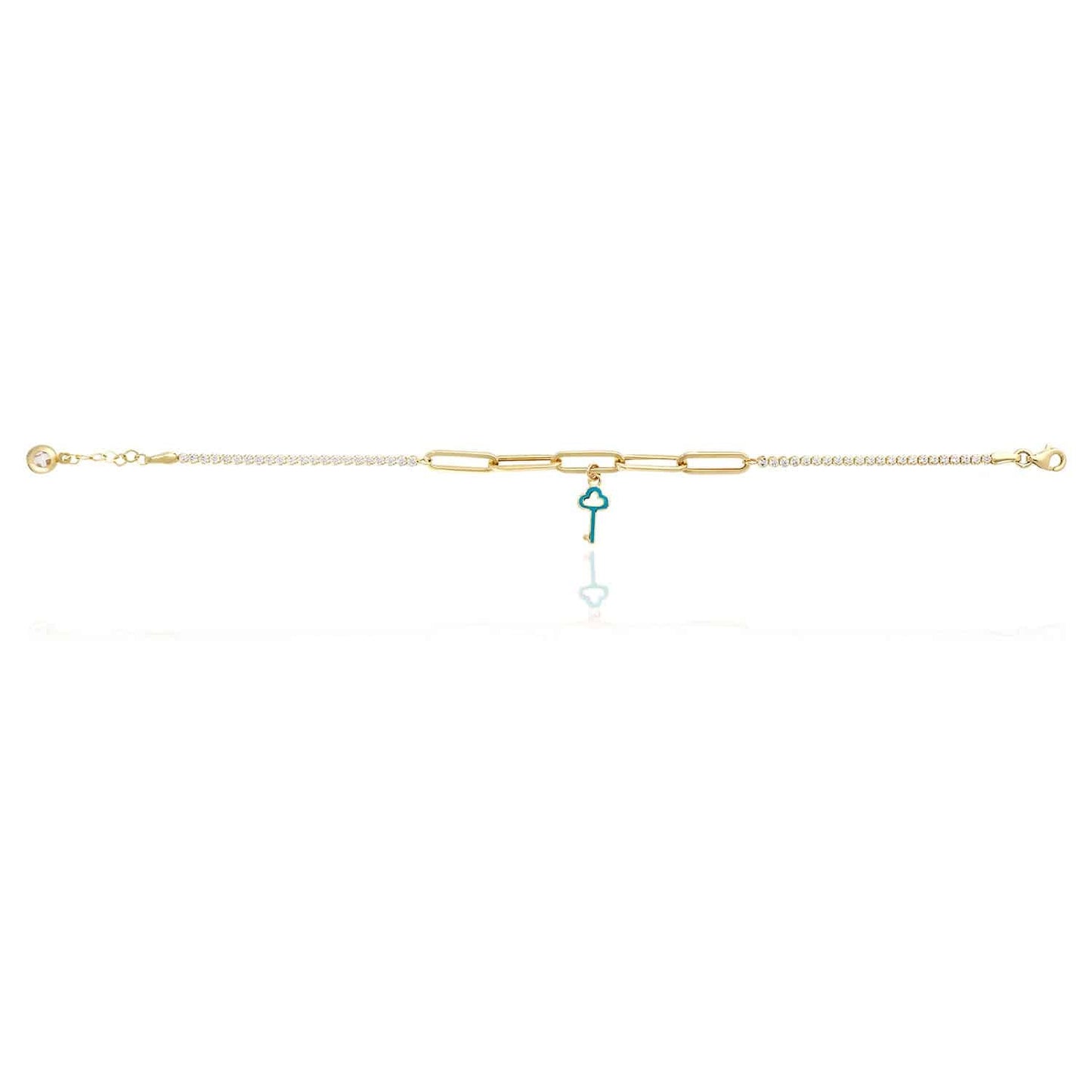 14K Gold Yellow Paperclip Tennis Teal Key Charm Bracelet 7"-7.5"