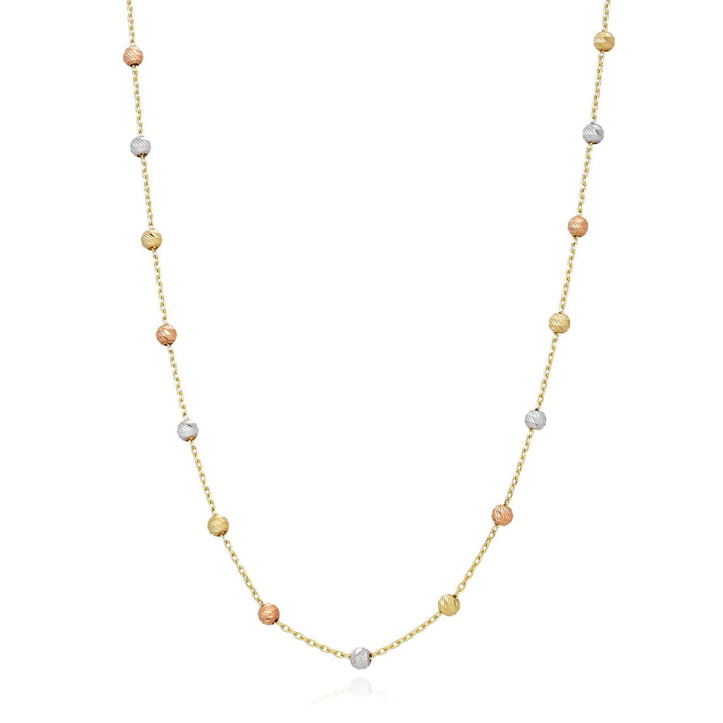14K Gold Tri-Color Moon-Cut Ball Beads Station Necklace 17.5"-18.5" Adjustable