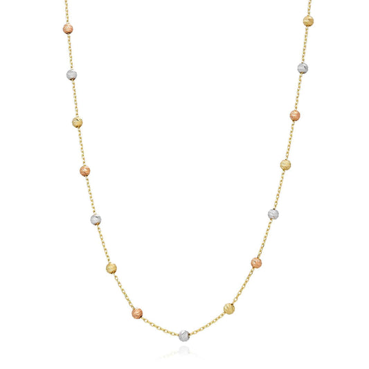 14K Gold Tri-Color Moon-Cut Ball Beads Station Necklace (Hollow) 17.5"-18.5" Adjustable