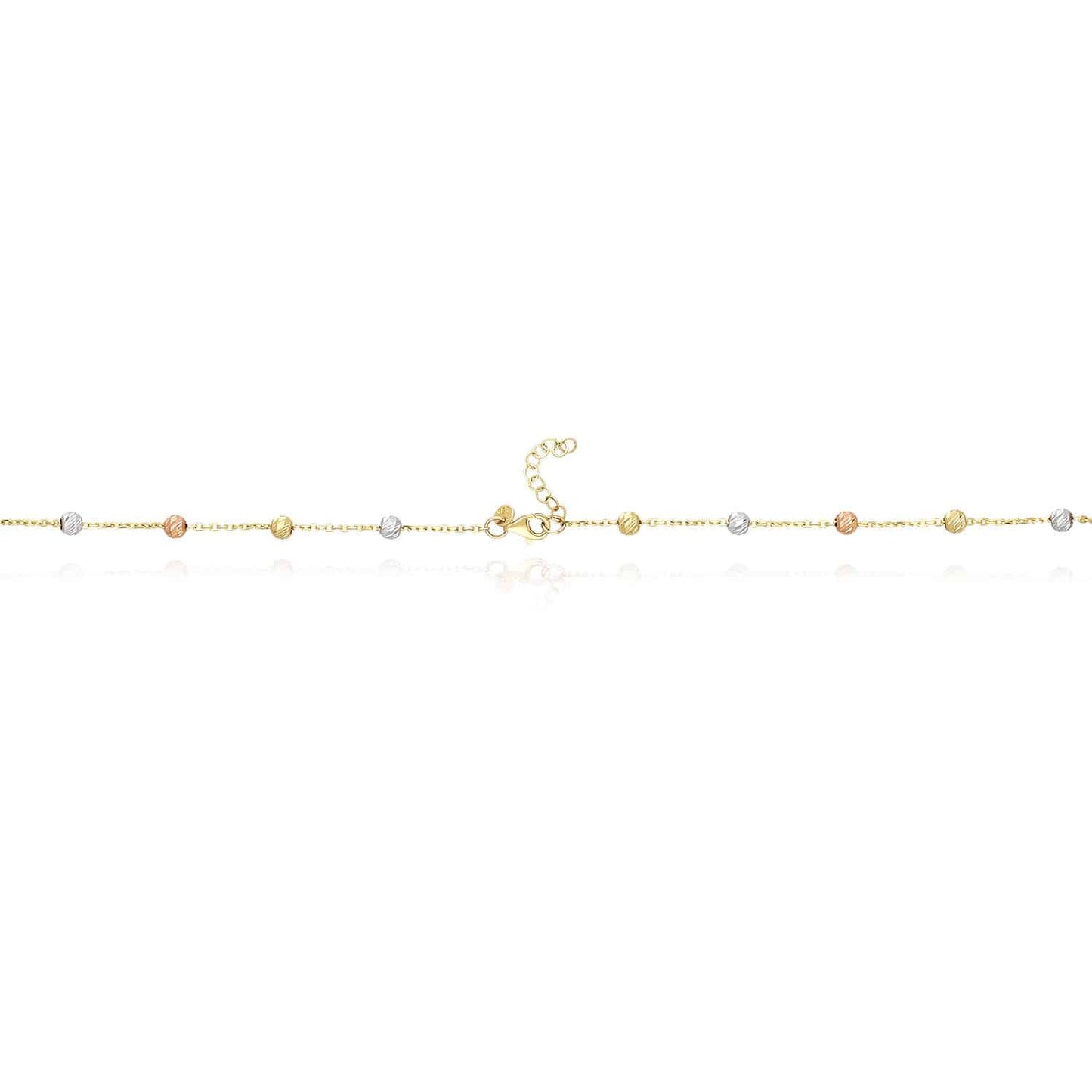 14K Gold Tri-Color Moon-Cut Ball Beads Station Necklace 17.5"-18.5" Adjustable
