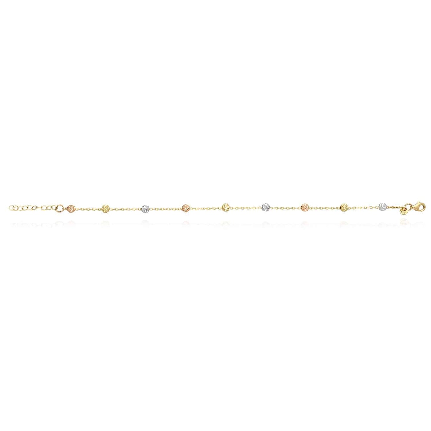 14K Gold Tri-Color Moon-Cut Ball Beads Station Bracelet 7"-8" Adjustable