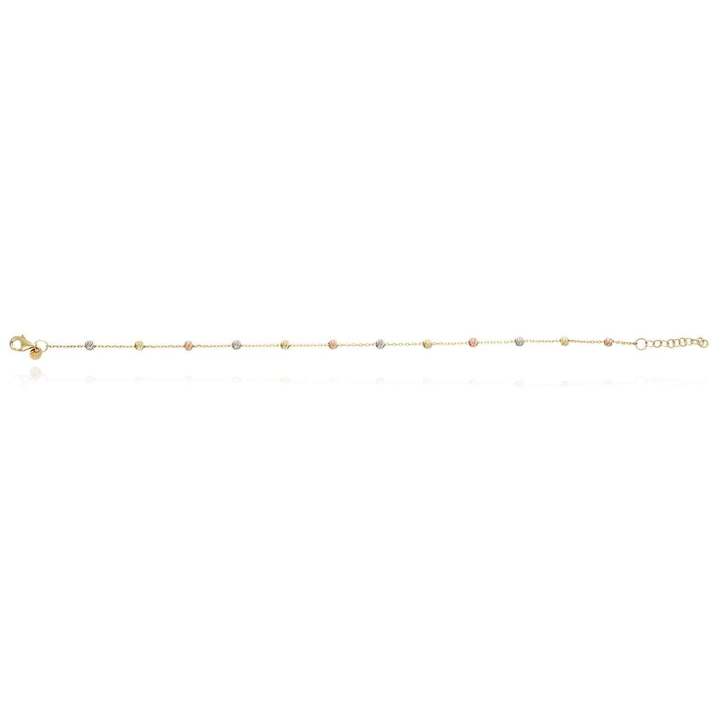 14K Gold Tri-Color Moon-Cut Ball Beads Station Bracelet 7.5"-8.5" Adjustable