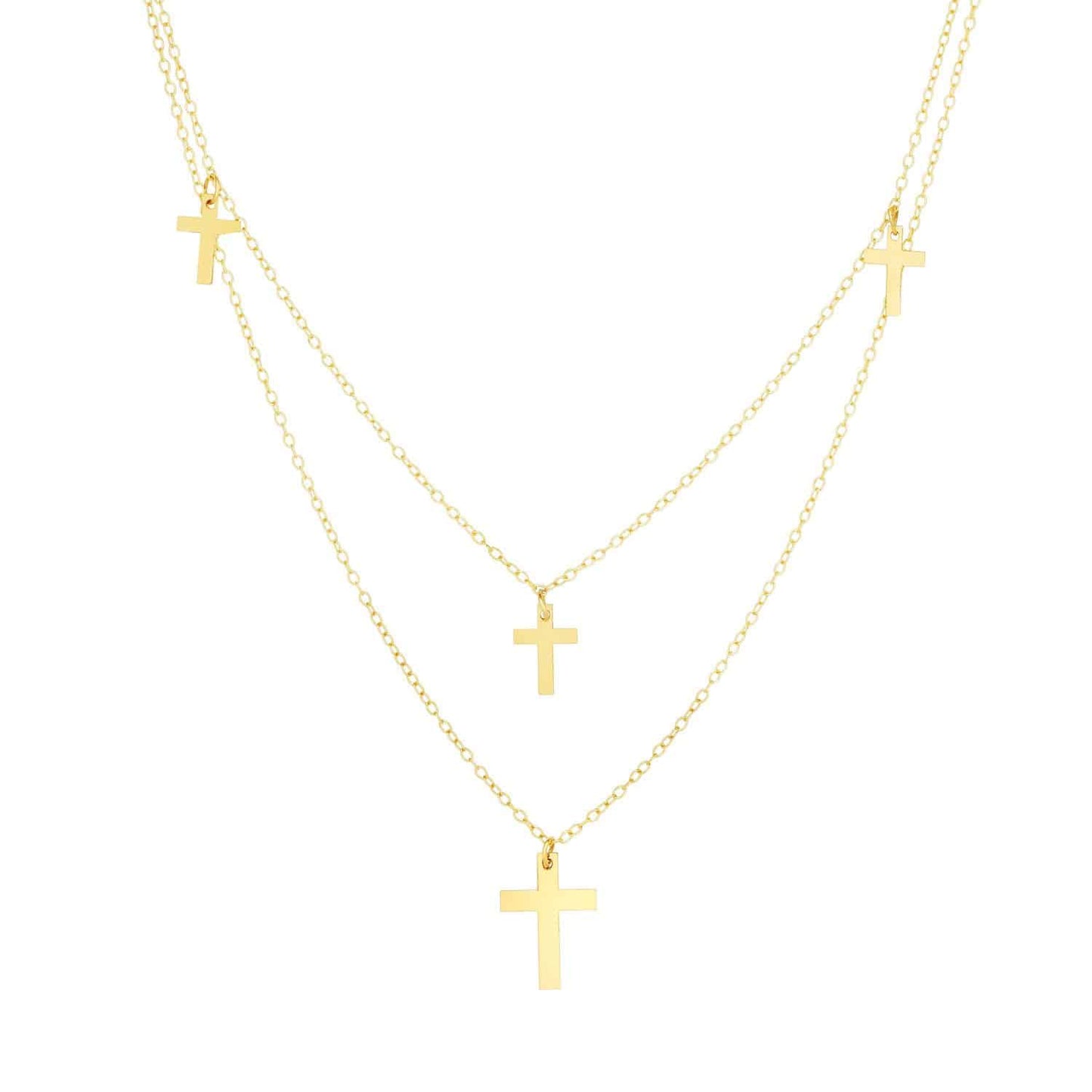 14K Yellow Gold Multi-Strand Cross Pendant Cable Chain Necklace 16"-18" Adjust.