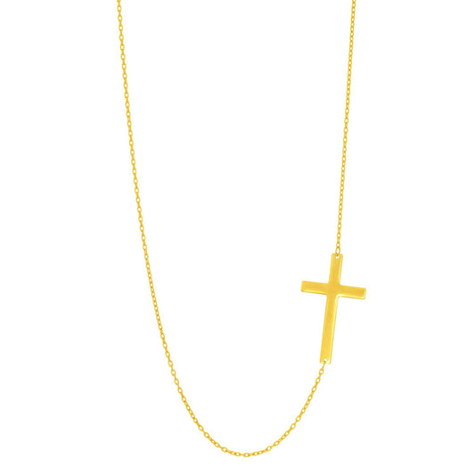 14K Yellow White Gold 1mm Cable Chain Flat Cross Necklace (Hollow) 16"-18" Adjustable