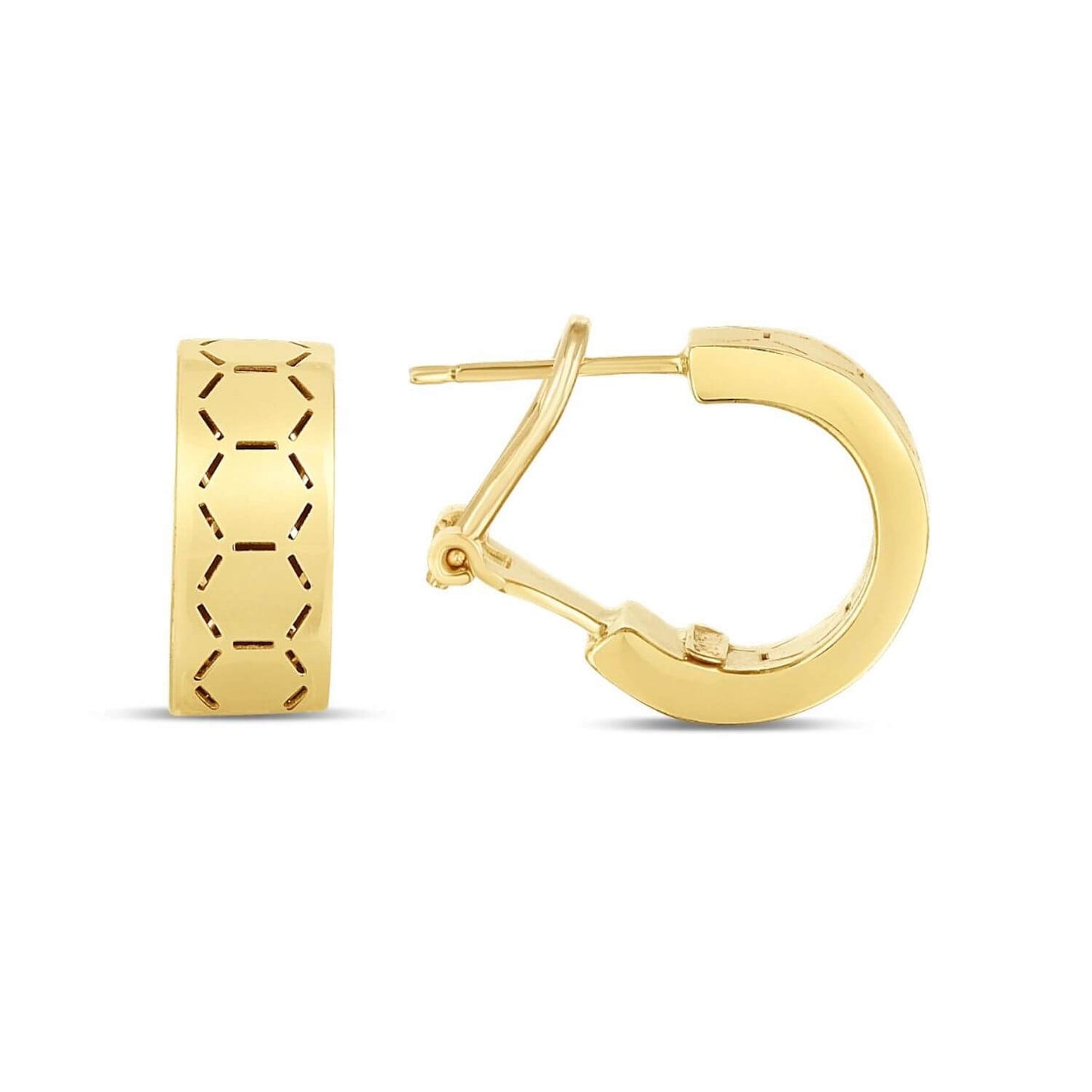 14K Yellow Gold Honeycomb Omega Backing Huggie Hoops 15.3mm