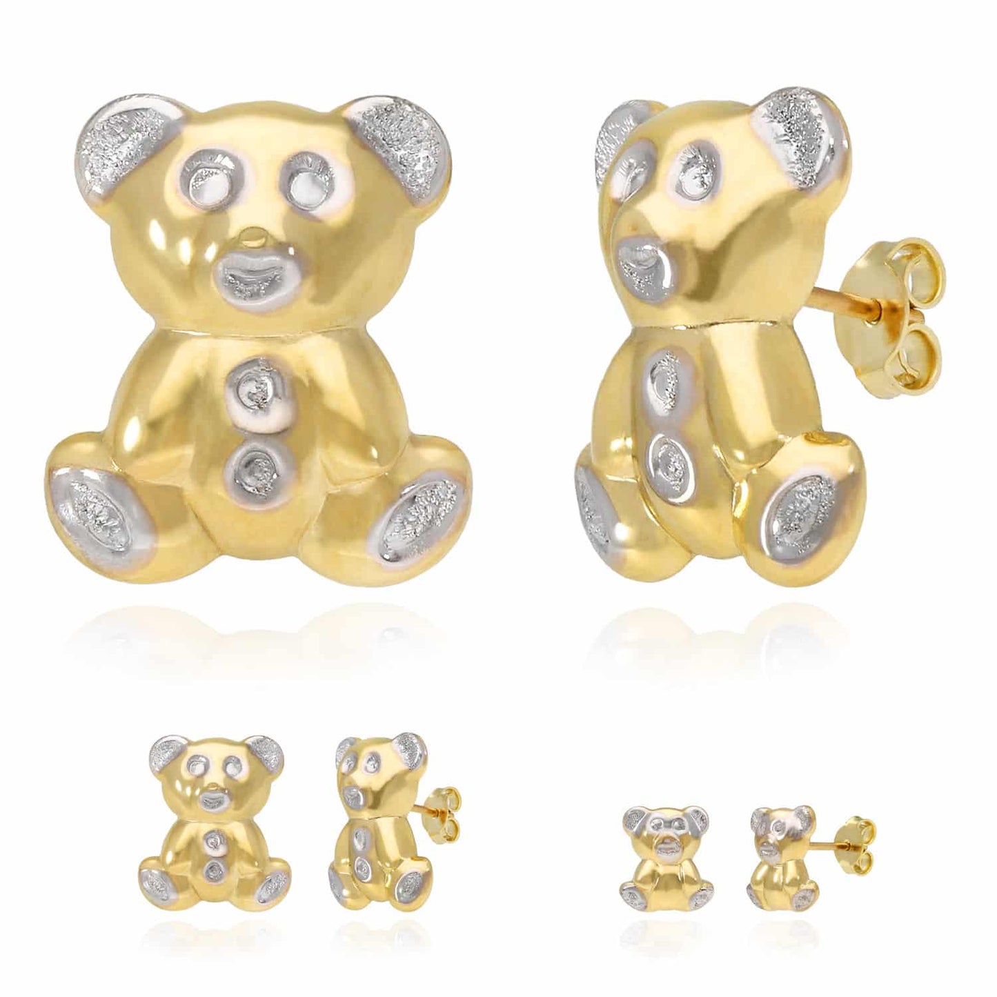 14K Yellow Gold Puffed Teddy Bear Stud Earrings 11mm-20mm