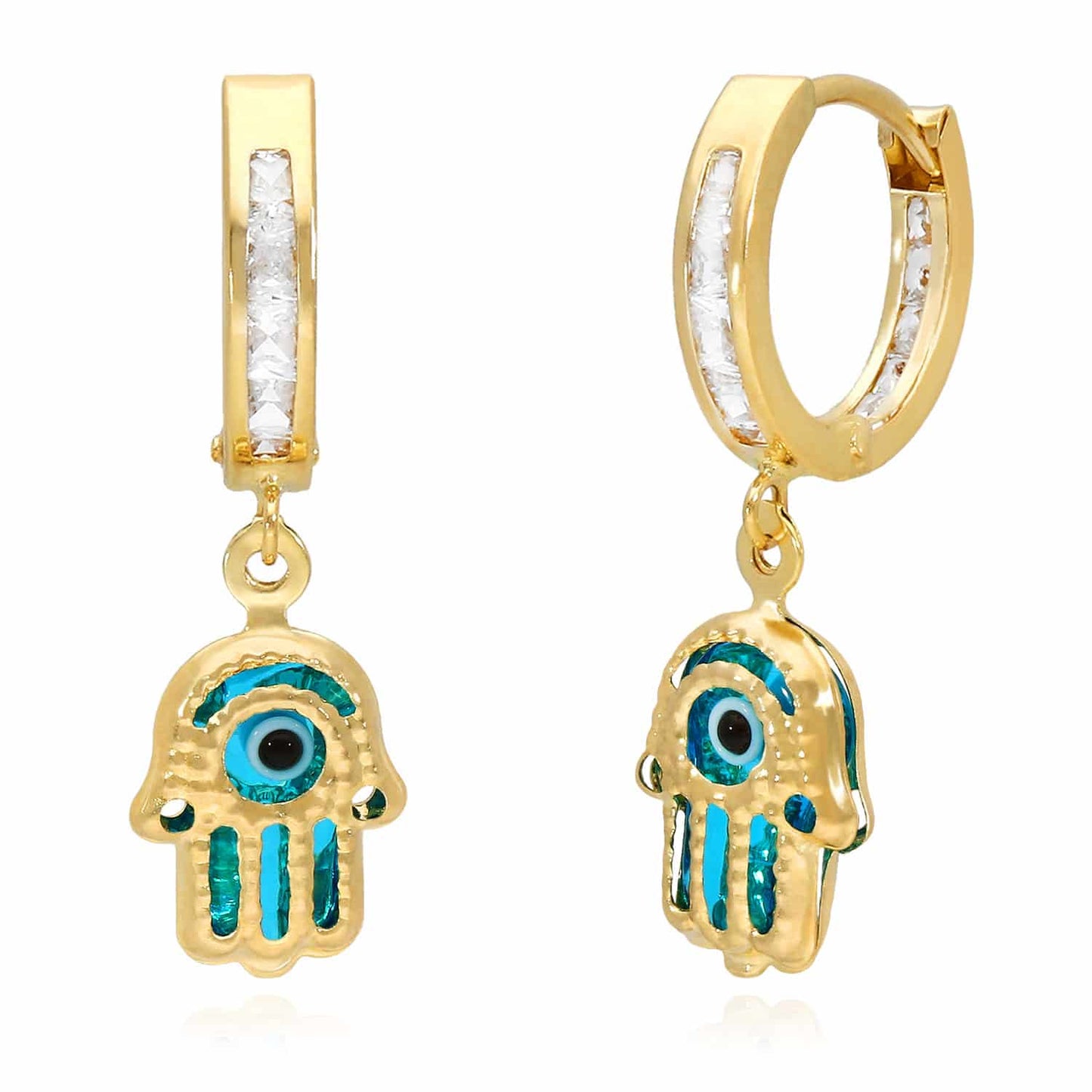 14K Gold Evil Eye Hamsa CZ Huggie Hoop Earrings 27mm