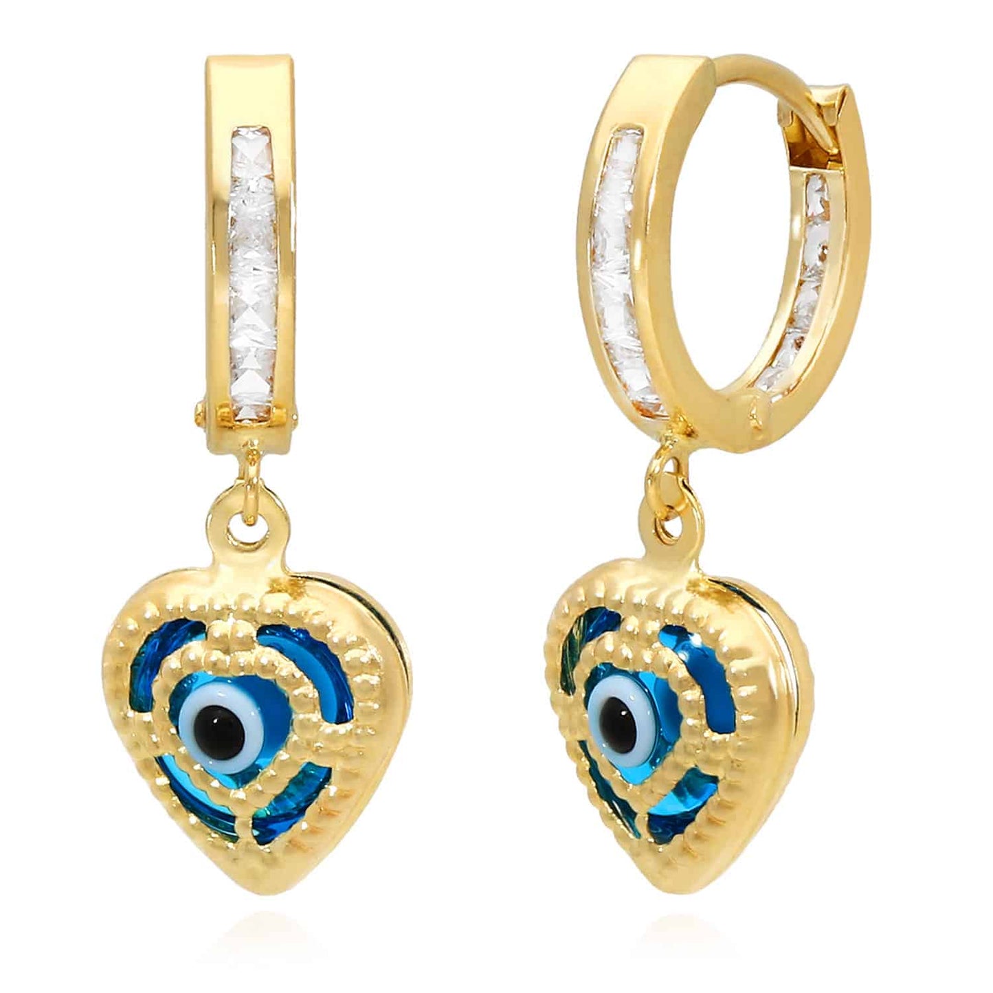 14K Gold Evil Eye Heart CZ Huggie Hoops Earrings 25mm