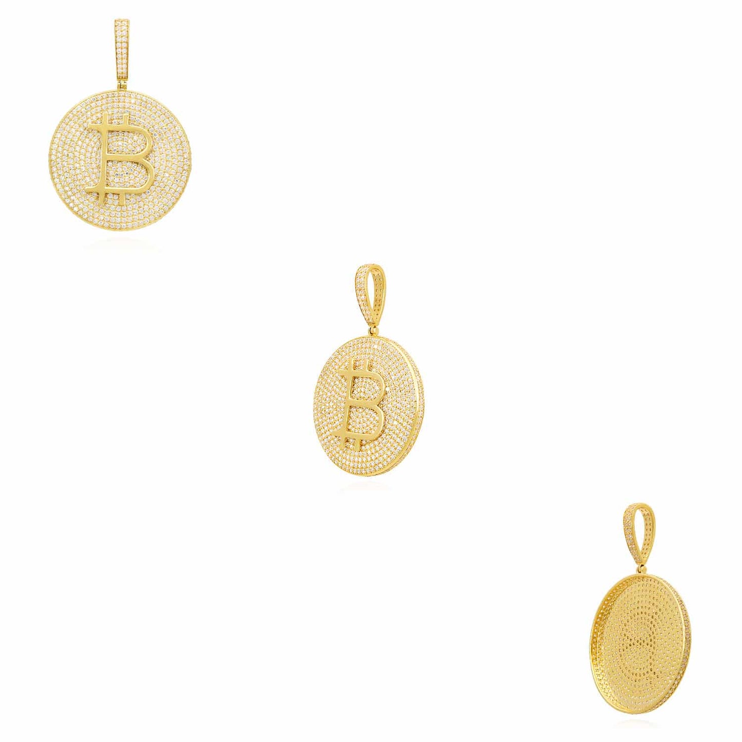 14K Yellow Gold CZ Pave Iced Bitcoin Pendant 2.2"