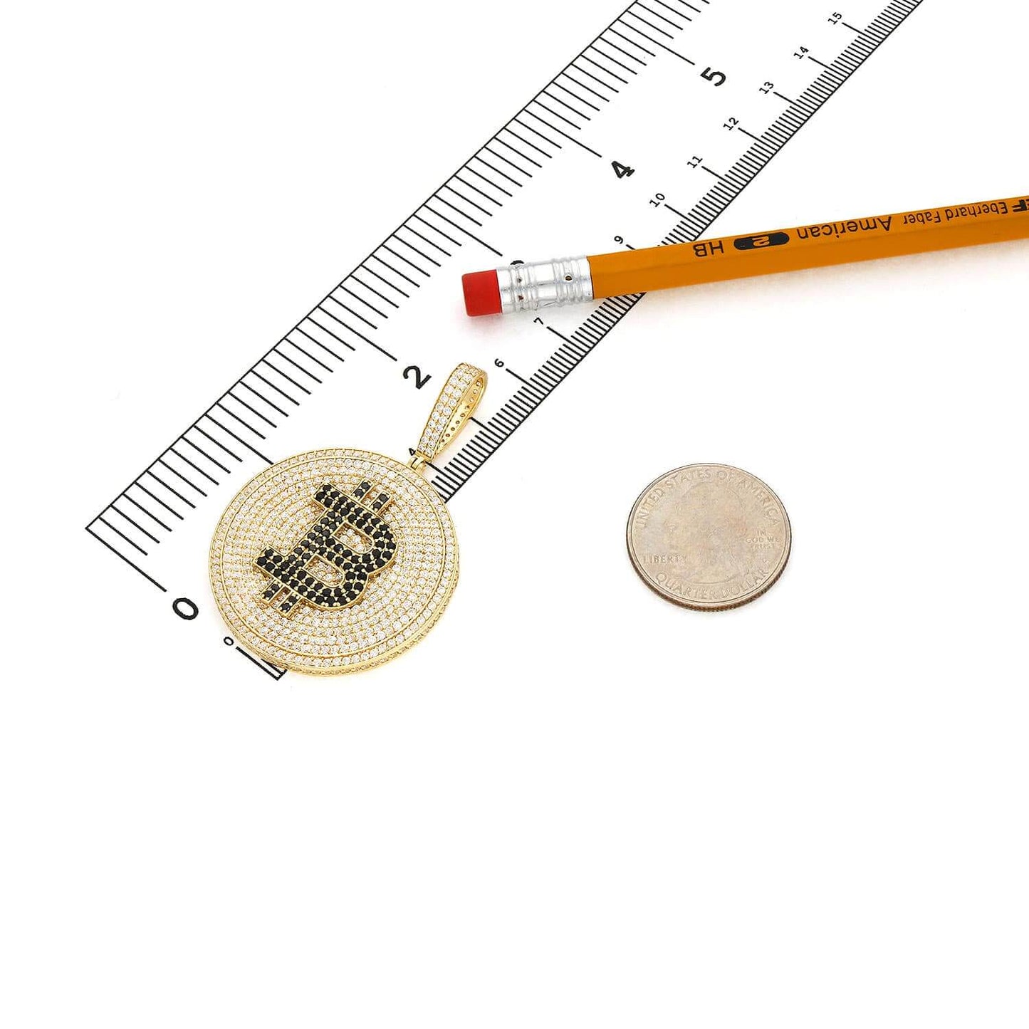 14K Yellow Gold CZ Black Pave Iced Bitcoin Pendant 2.1"