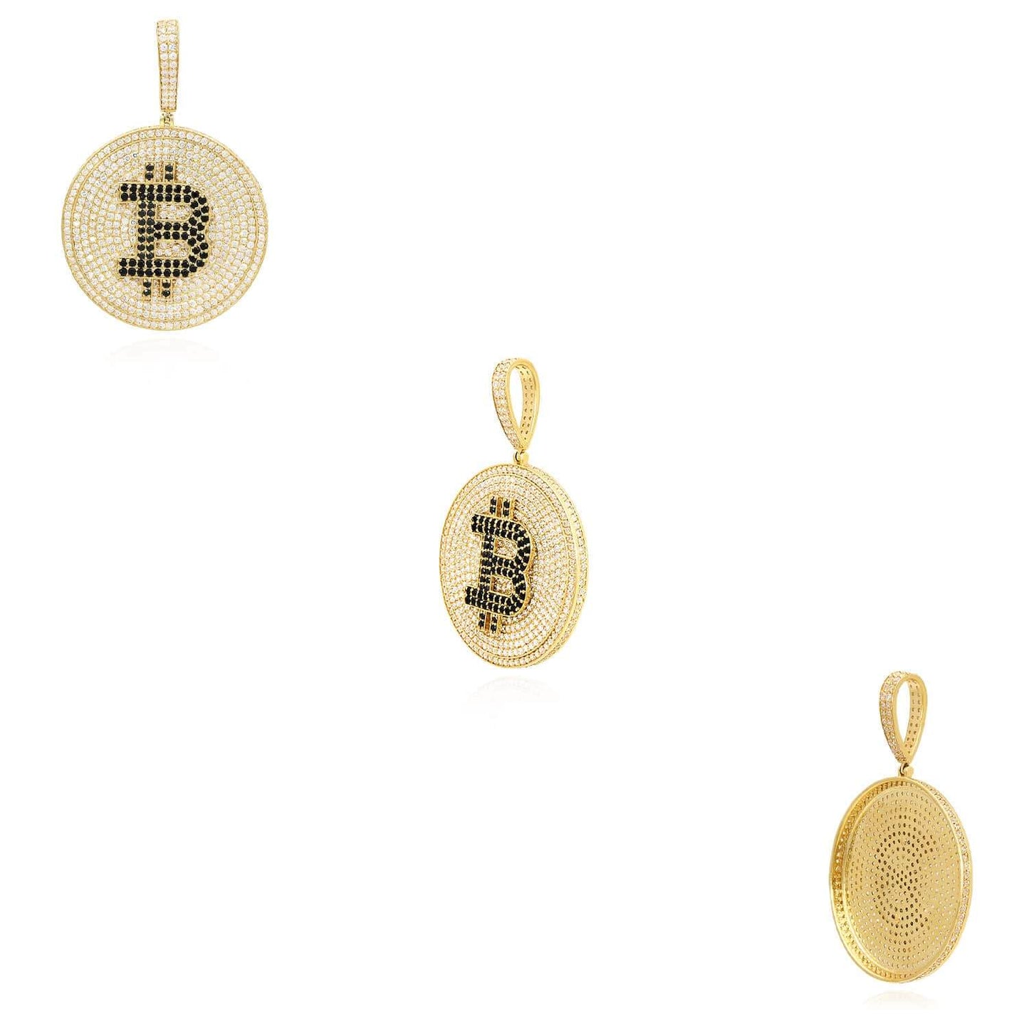 14K Yellow Gold CZ Black Pave Iced Bitcoin Pendant 2.1"