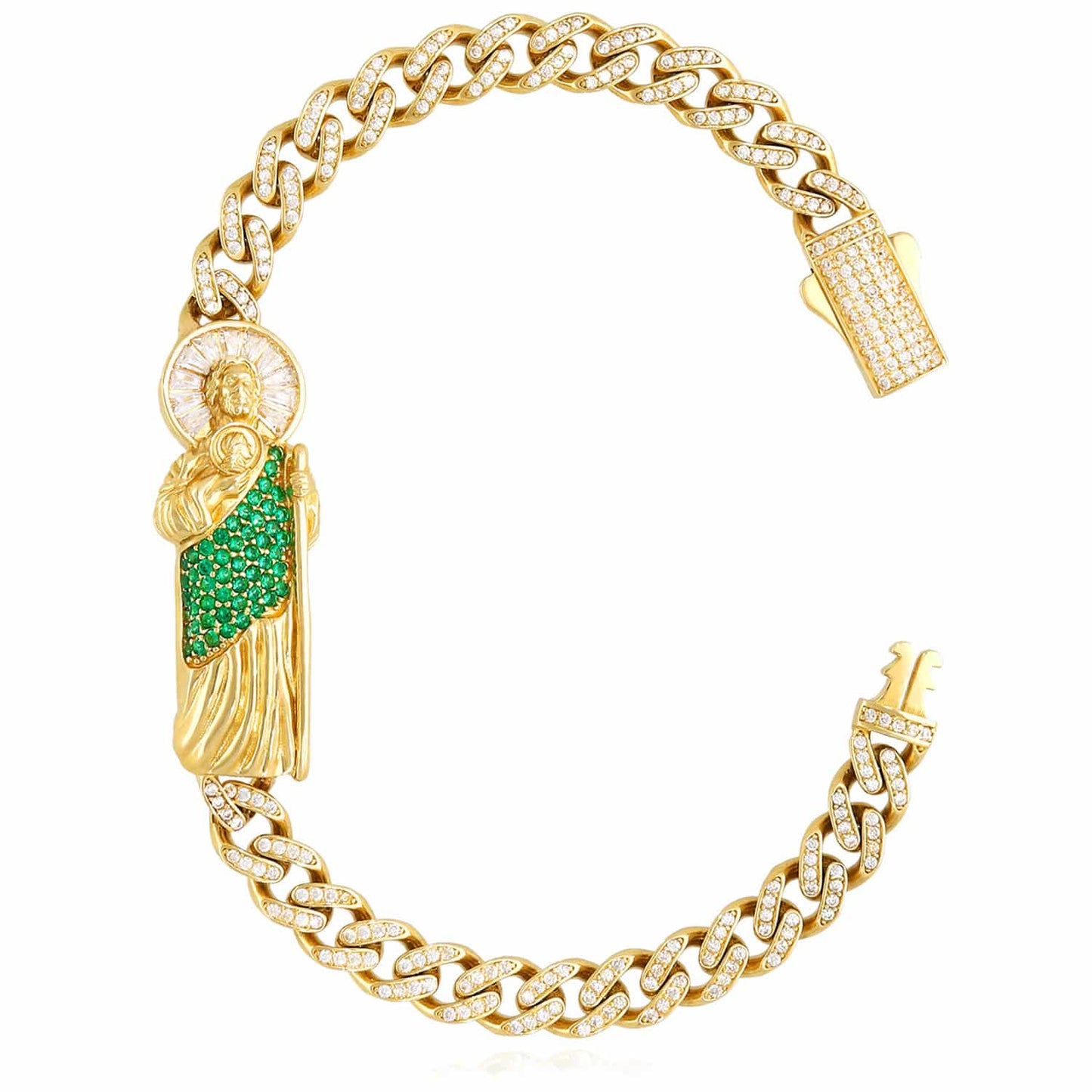 14K Gold Yellow CZ Emerald Pave Saint Jude Miami Bracelet 8"