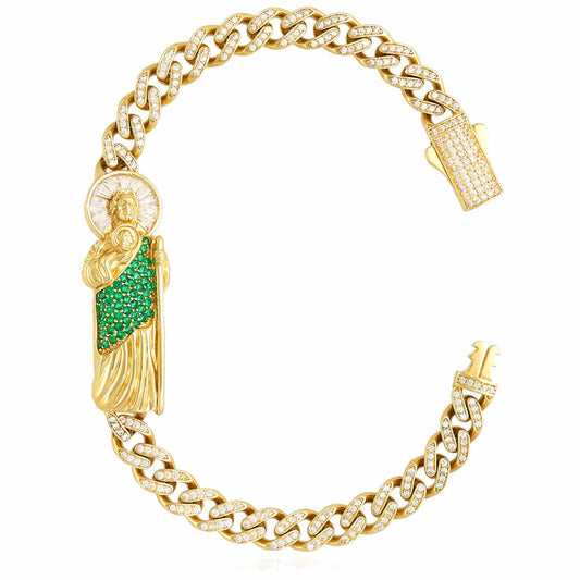 14K Yellow Gold CZ Emerald Pave Saint Jude Miami Bracelet (Hollow) 8"