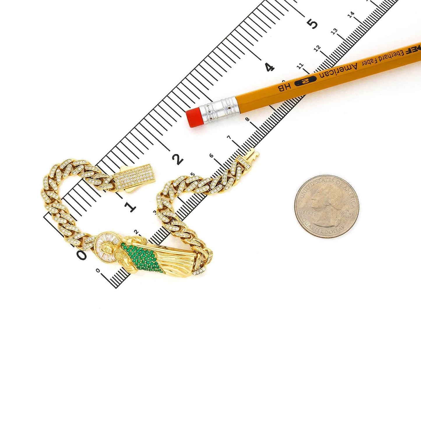 14K Gold Yellow CZ Emerald Pave Saint Jude Miami Bracelet 8"