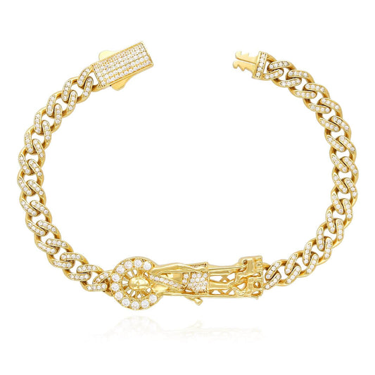 14K Yellow Gold CZ Pave Saint Lazarus Miami Bracelet (Hollow) 8"
