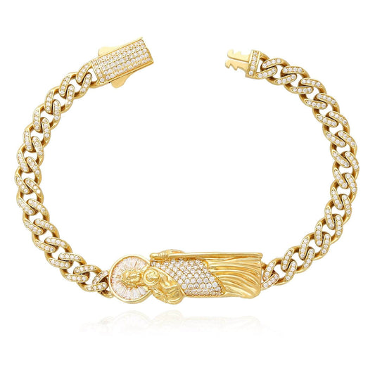 14K Yellow Gold CZ Pave Saint Jude Miami Bracelet (Hollow) 8"