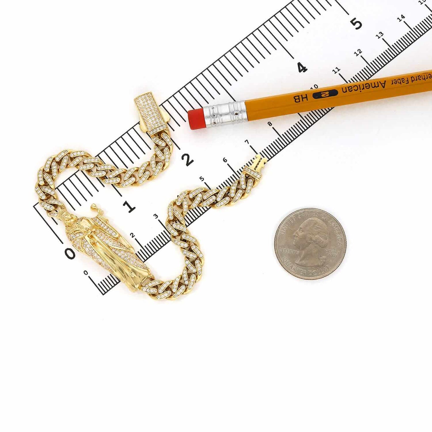 14K Gold Yellow CZ Pave Saint Barbara Miami Bracelet 8.5"