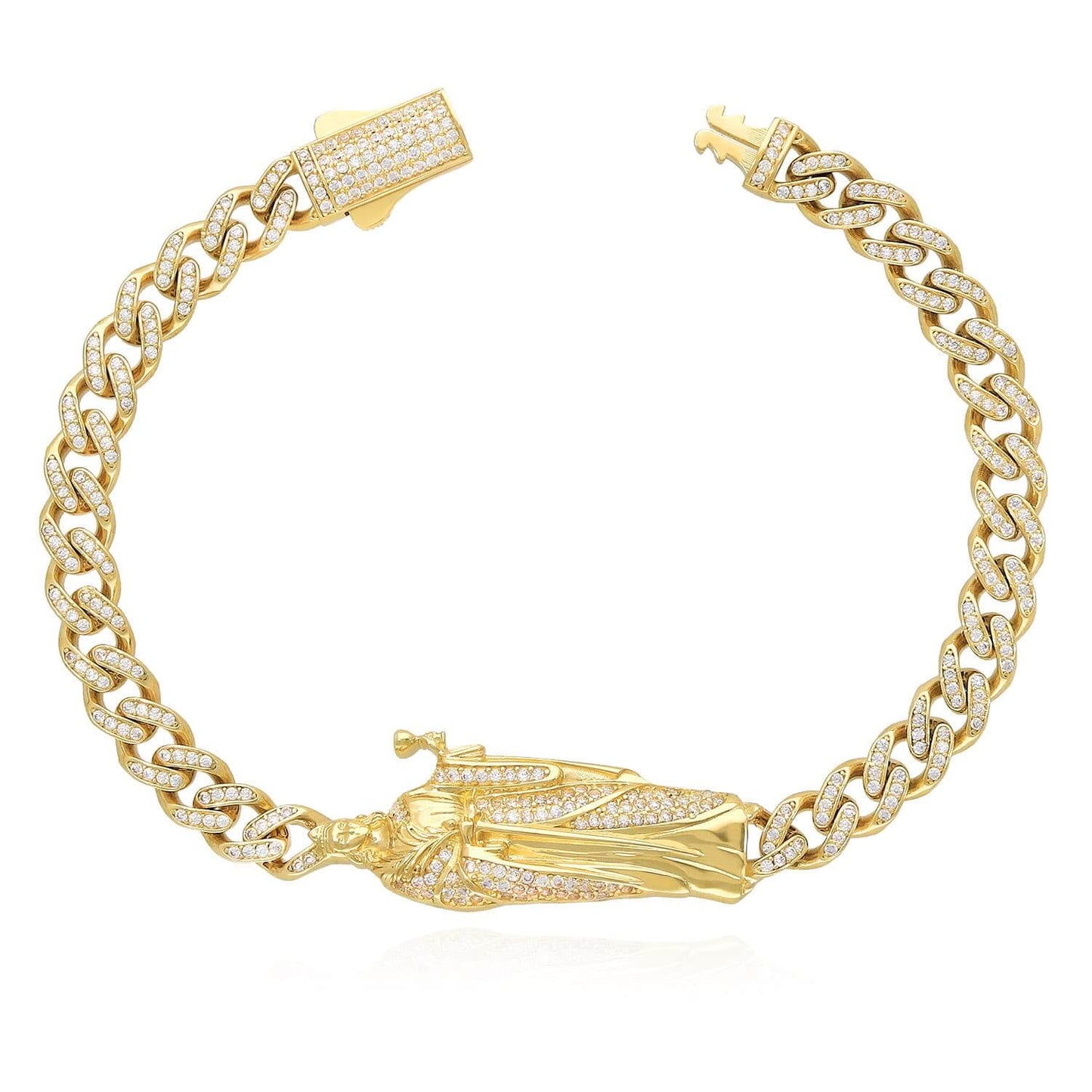 14K Gold Yellow CZ Pave Saint Barbara Miami Bracelet 8.5"