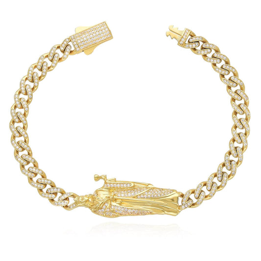 14K Yellow Gold CZ Pave Saint Barbara Miami Bracelet (Hollow) 8.5"