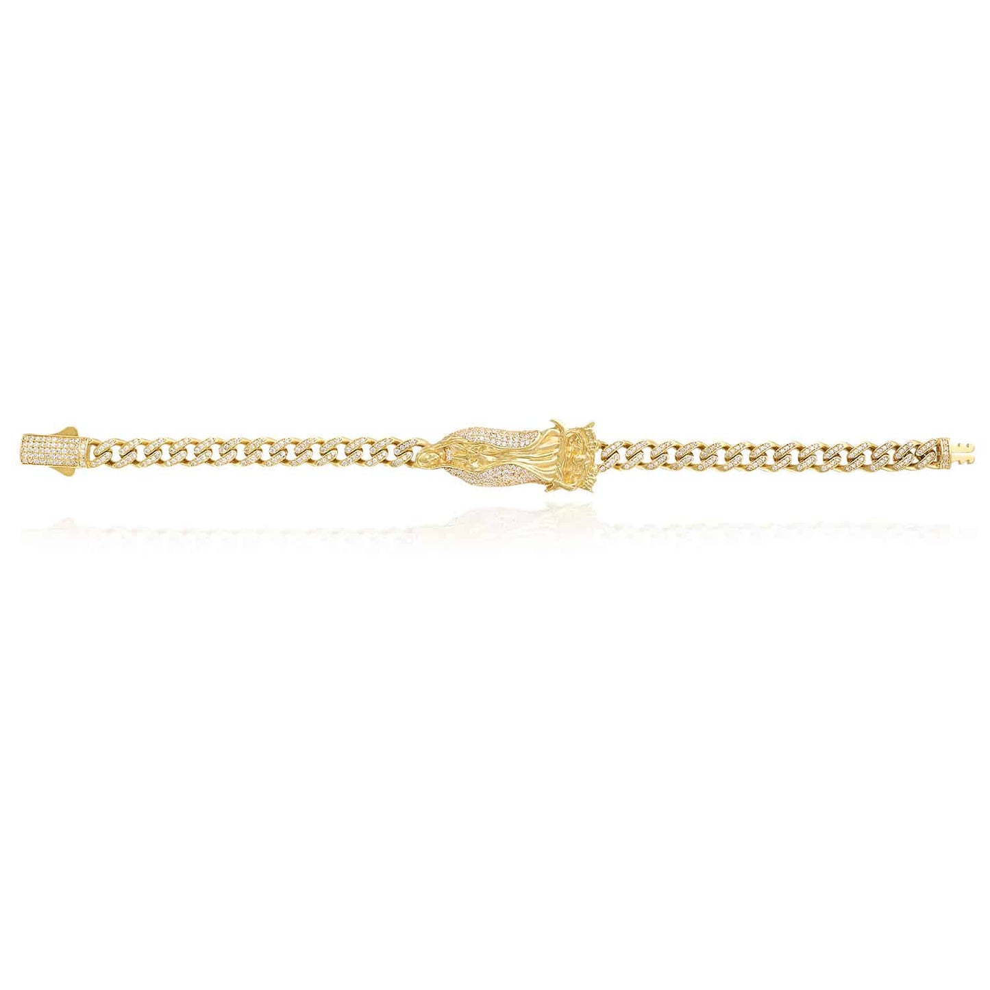 14K Gold Yellow CZ Lady Guadalupe Virgin Mary Miami Bracelet 8"